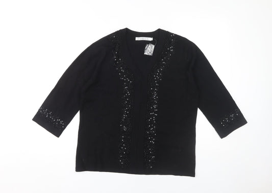 Emreco Women's Black Open Front Cardigan Size 14 Beaded