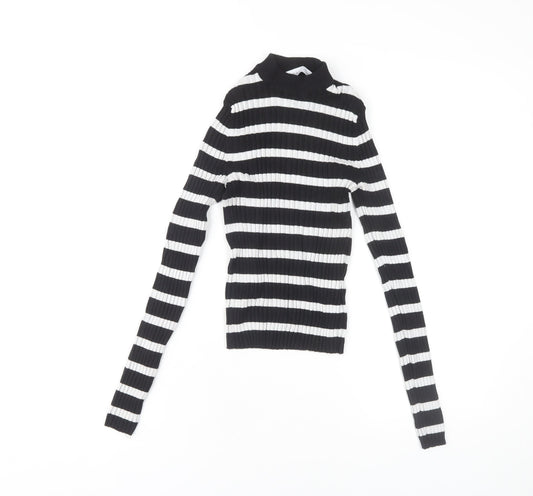 Bershka Women's Black Striped Jersey Mock Neck Top M