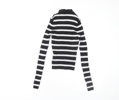 Bershka Women's Black Striped Jersey Mock Neck Top M