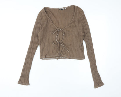 Additional front view of ASOS Women's Brown Cropped V-Neck Blouse, size 12