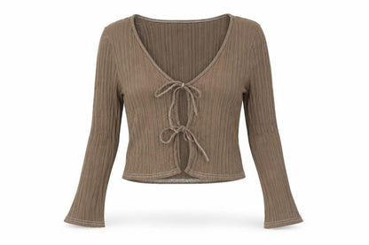 Front view of ASOS Women's Brown Cropped V-Neck Blouse, size 12