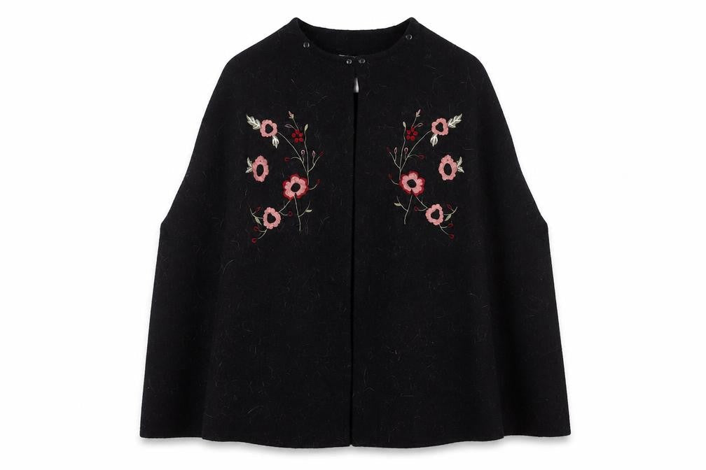 Afibel Women's Black Cape, Size 10/12, Embroidered Floral