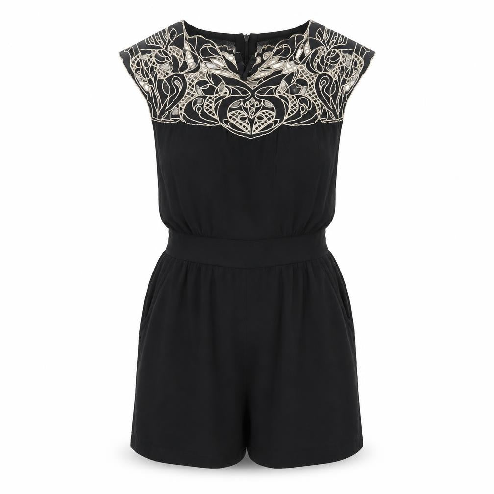 Yumi Women's Black Embroidered Playsuit, Size S