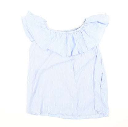 Additional front view of Zara Blue Striped Off-Shoulder Ruffle Blouse