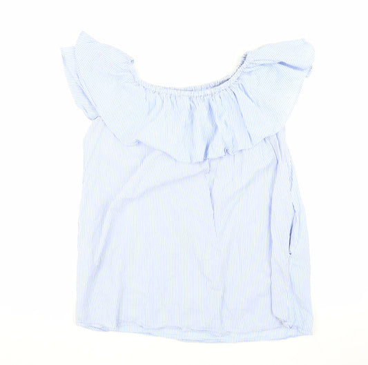 Zara Blue Striped Off-Shoulder Ruffle Blouse