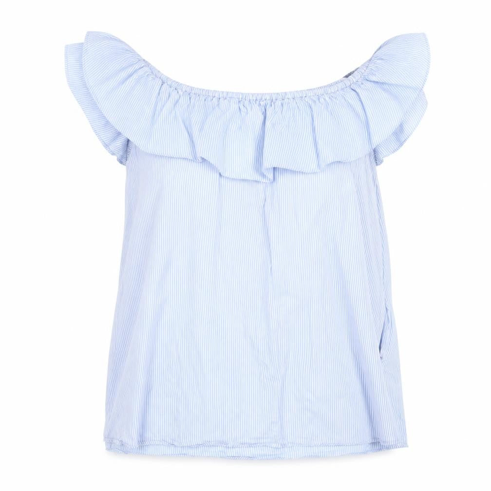 Zara Blue Striped Off-Shoulder Ruffle Blouse