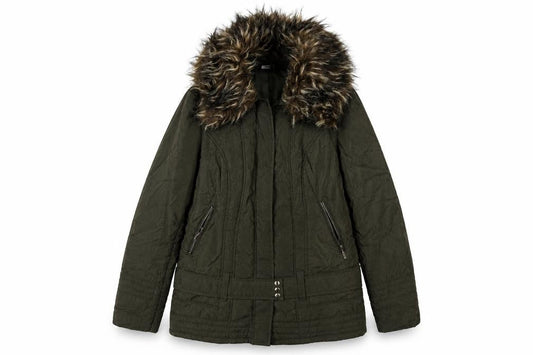 M&Co Women's Green Parka Jacket Size 10 Fur Trim Casual