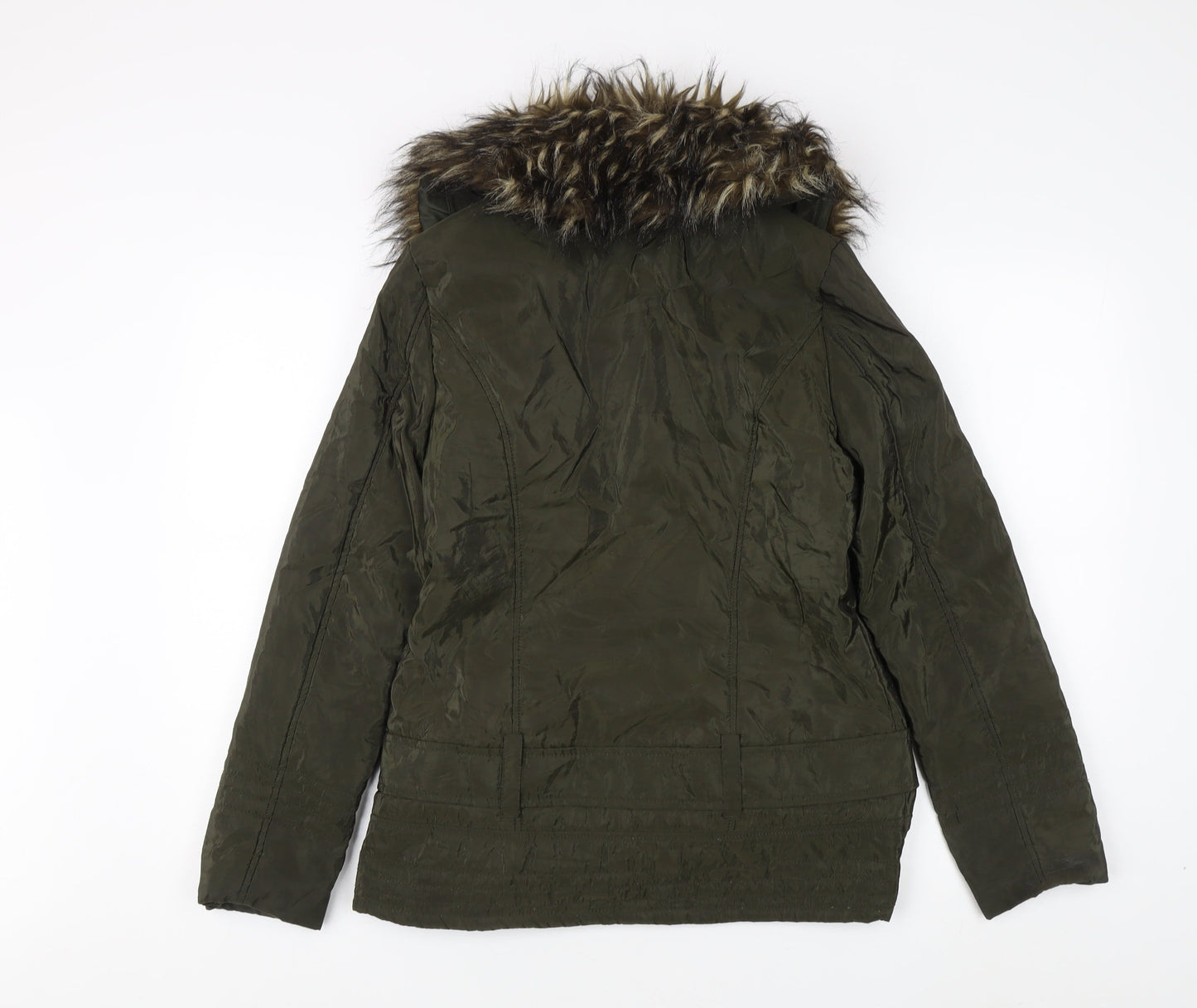 M&Co Women's Green Parka Jacket Size 10 Fur Trim Casual