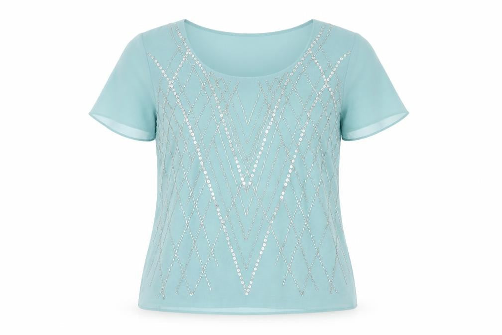 Jacques Vert Blue Sequin Blouse Women Size 10