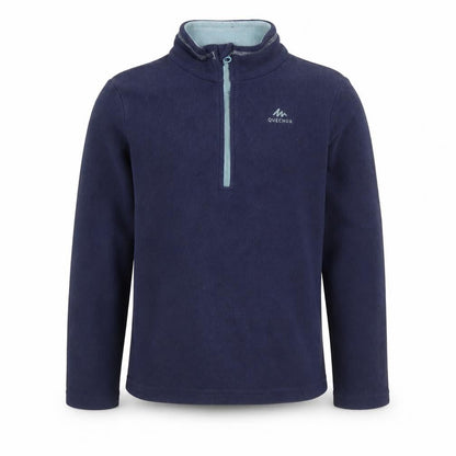 Front view of Quechua boys’ blue fleece 1/4 zip sweatshirt, size 6-7, years