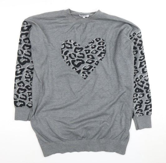 Simply Be Women's Grey Leopard Heart Pullover Jumper