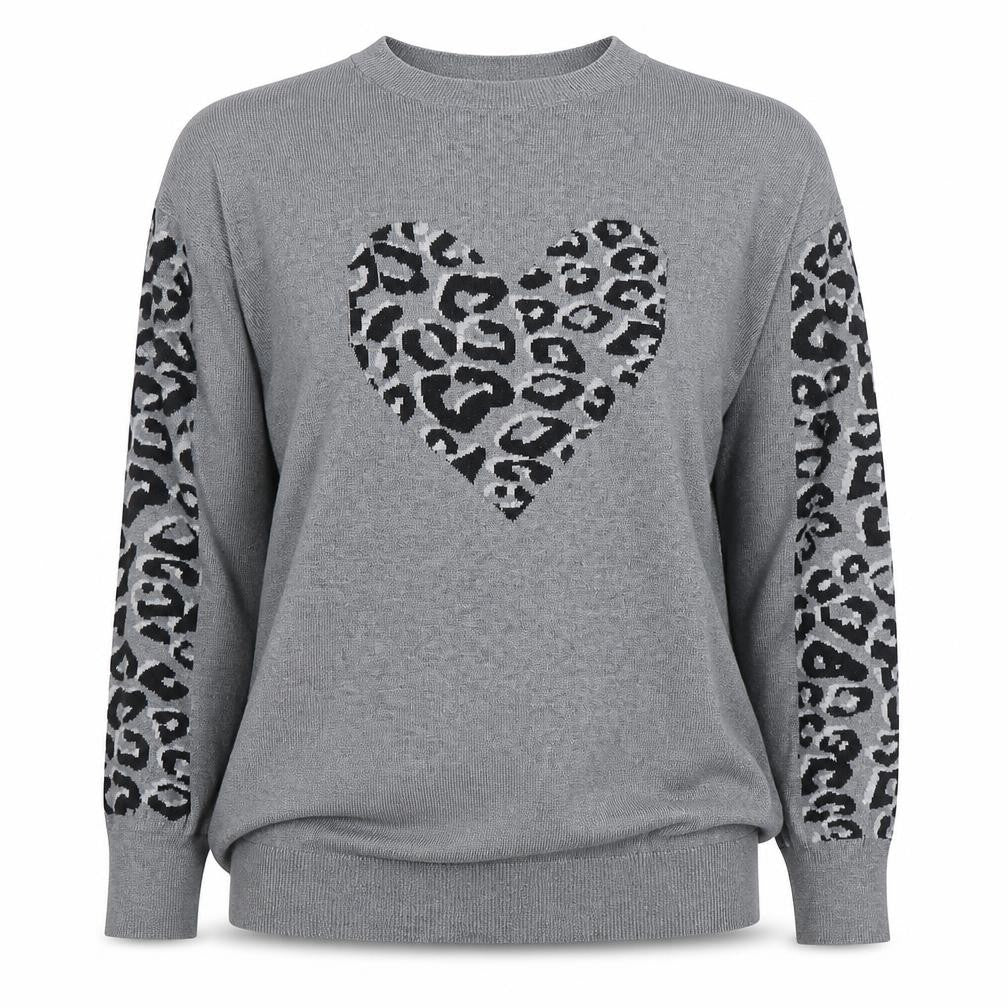 Simply Be Women's Grey Leopard Heart Pullover Jumper