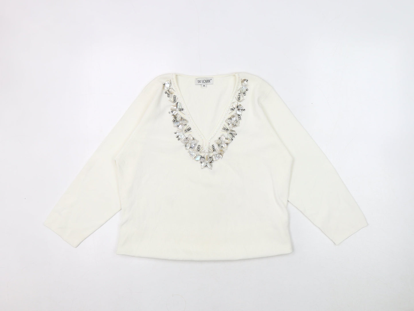 Fay Louise Women's Medium White Beaded V-Neck Top
