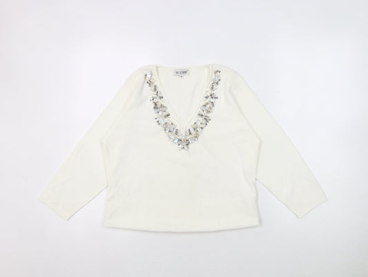 Preloved Fay Louise Women's Medium White Beaded V-Neck Top - Front