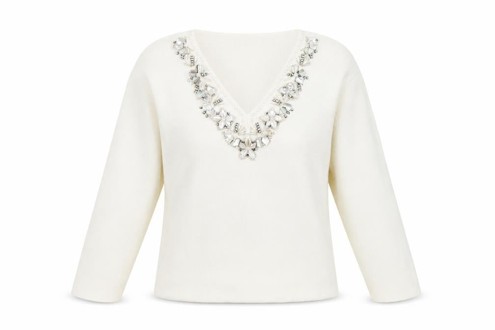 Fay Louise Women's Medium White Beaded V-Neck Top