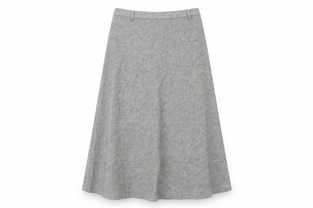 Women’s Grey Midi Skirt, Size 12, Herringbone Pattern Wool, Silk & other materials