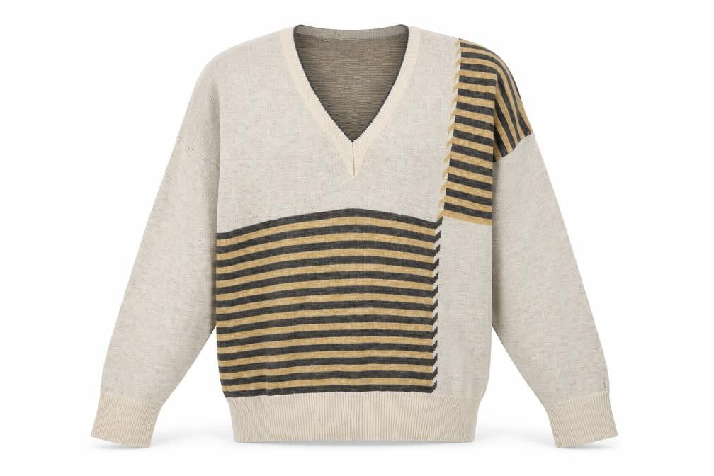 Pierre Sangan Beige Men's XL Striped Pullover Jumper