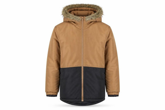 Front view of Destination boys’ brown puffer jacket with hood, size 164