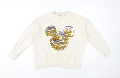 Preloved Disney Women's Ivory Sequin Sweatshirt Size 10 - Front