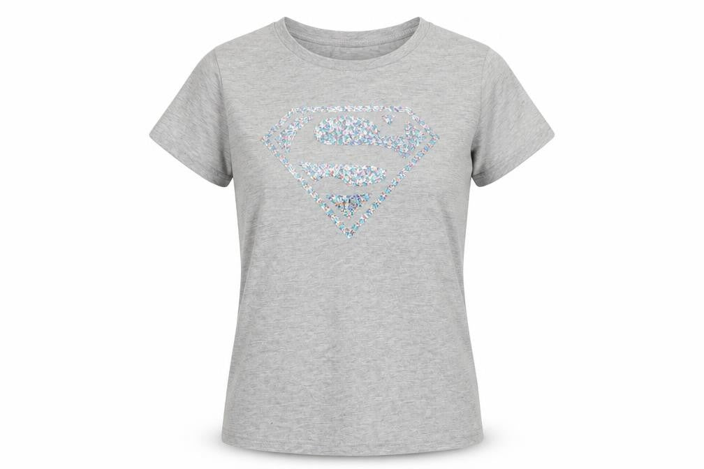 Superman Women's Grey Sequin T-Shirt, Size 14, Short Sleeve