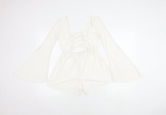 Boohoo Women's White V-Neck Long Sleeve Playsuit