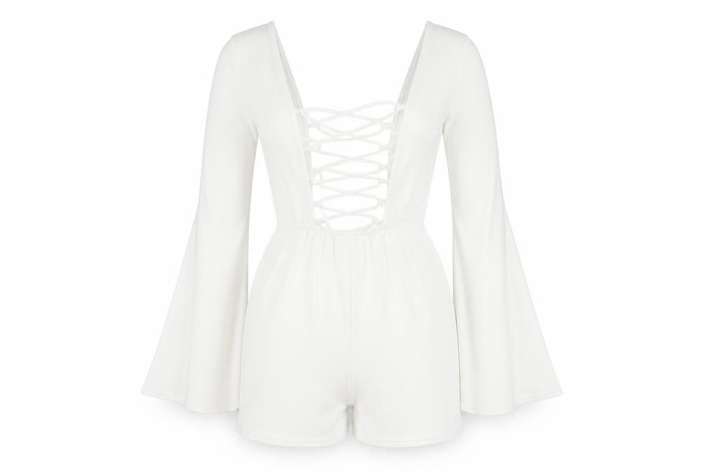 Boohoo Women's White V-Neck Long Sleeve Playsuit