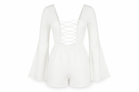 Boohoo Women's White V-Neck Long Sleeve Playsuit