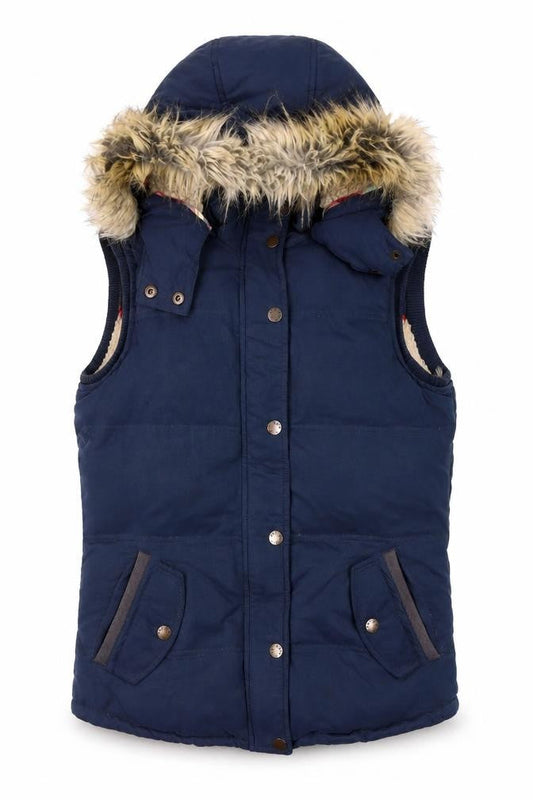 FatFace Women's Blue Fur Trim Hooded Puffer Waistcoat Size 8