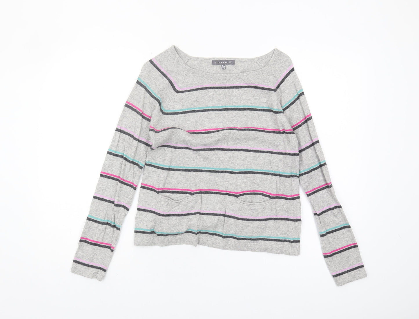 Laura Ashley Women's Grey Striped Knit Jumper, Size S