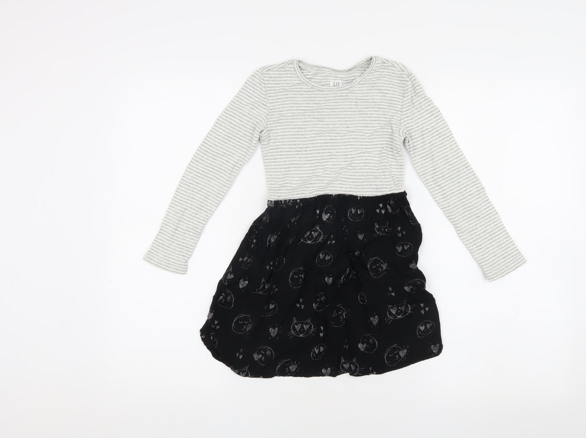 GAP Girls Grey & Black Striped Animal Cats Print Dress 6-7 Years