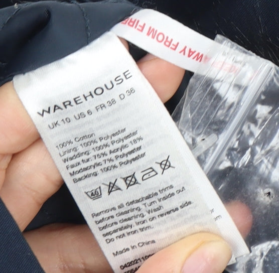 Warehouse Women's Blue Parka Coat - Size 10