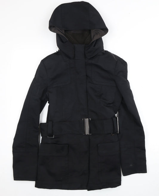 Zara Basic Women's Black Parka Size 10 Hooded Belted