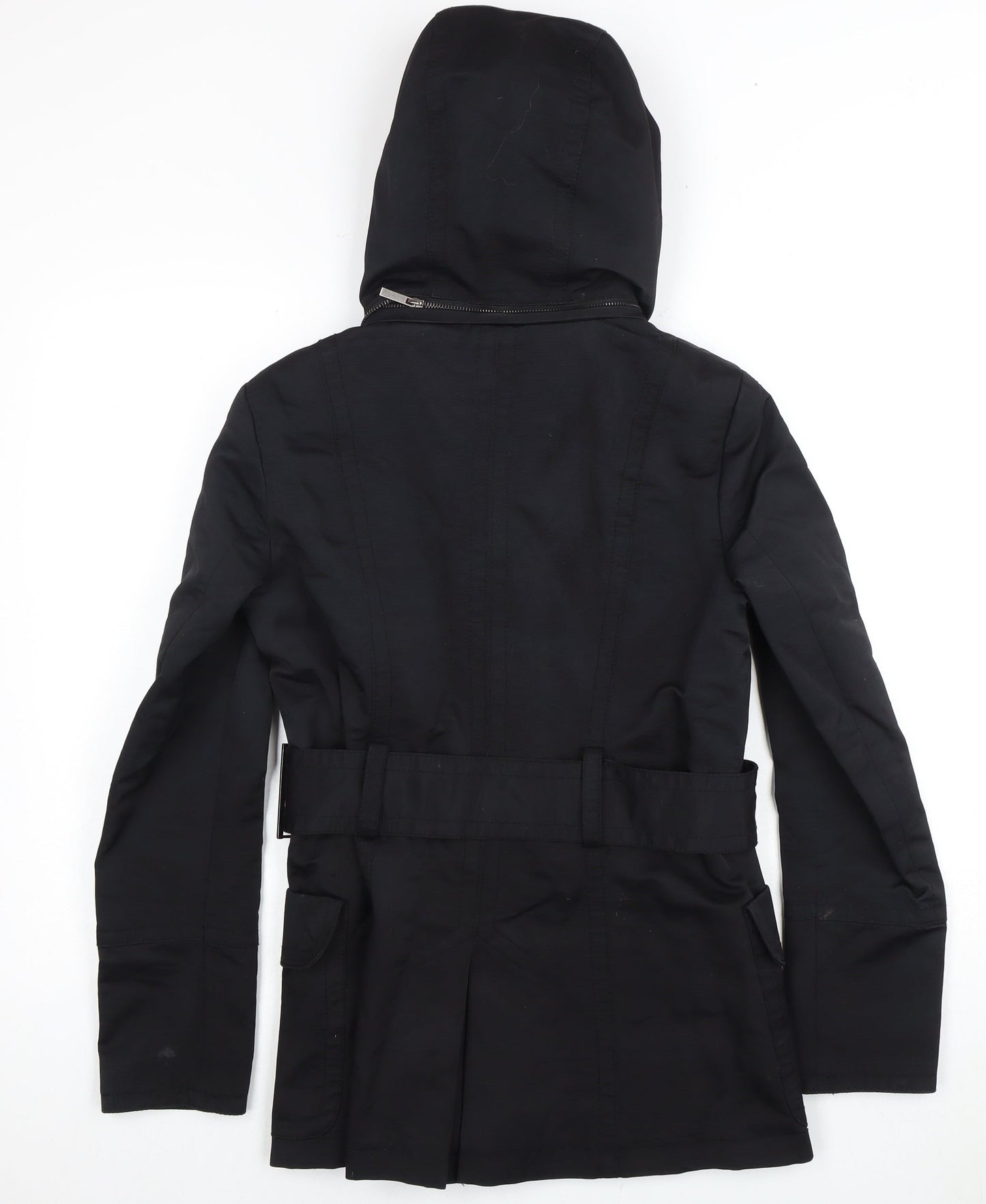 Zara Basic Women's Black Parka Size 10 Hooded Belted