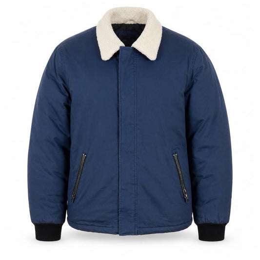 River Island Men's Blue Bomber Jacket L - Fur Trim & Zipped Pockets