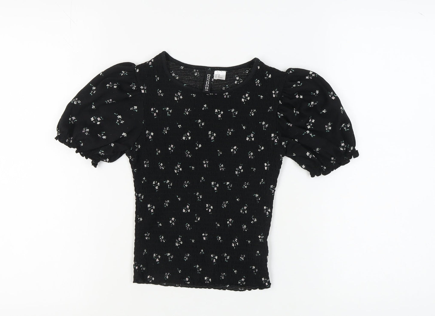 H&M Women's Black Floral Puff Sleeve Top XS