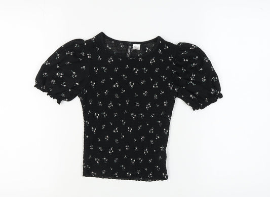 H&M Women's Black Floral Puff Sleeve Top XS
