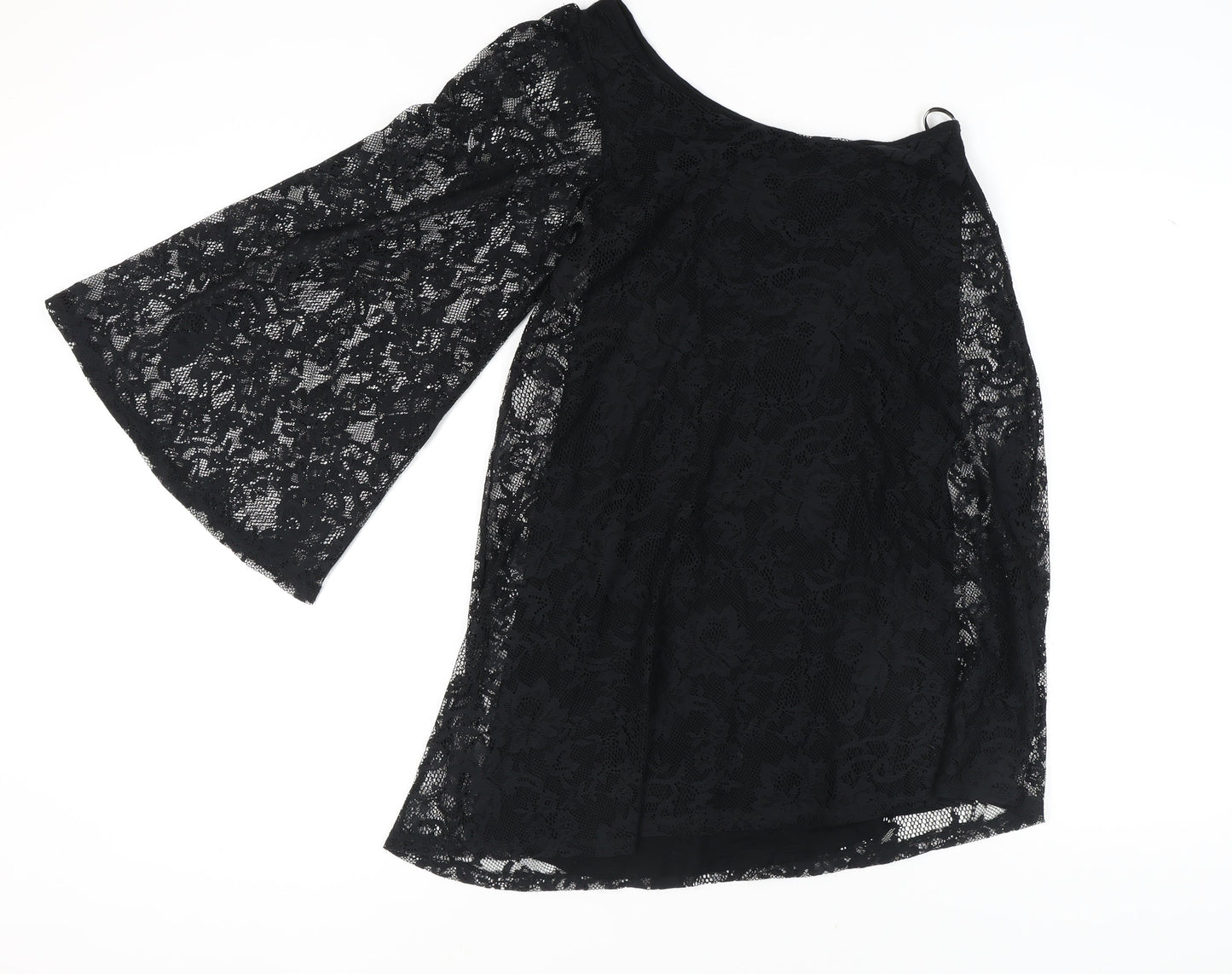 Warehouse Women's Black Lace A-Line Dress, UK 6, Asymmetric Bell Sleeves