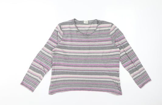 Viyella Women's Grey Striped Long Sleeve T-Shirt L