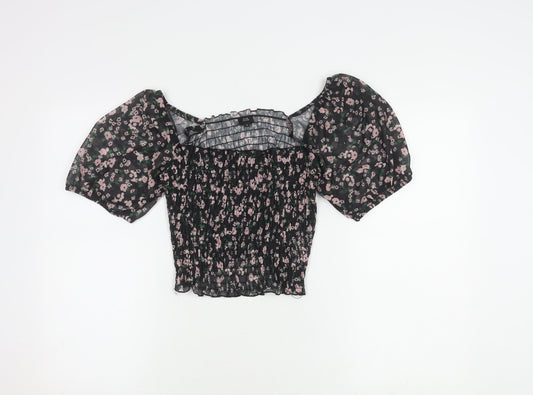 River Island Floral Off Shoulder Cropped Blouse, Size 12, Black