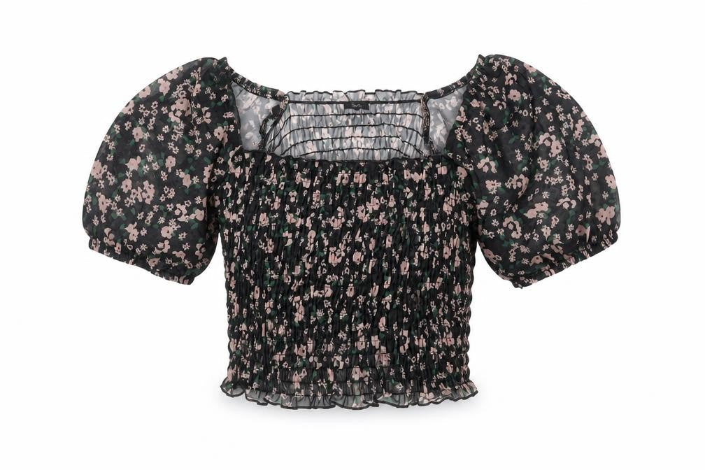 River Island Floral Off Shoulder Cropped Blouse, Size 12, Black