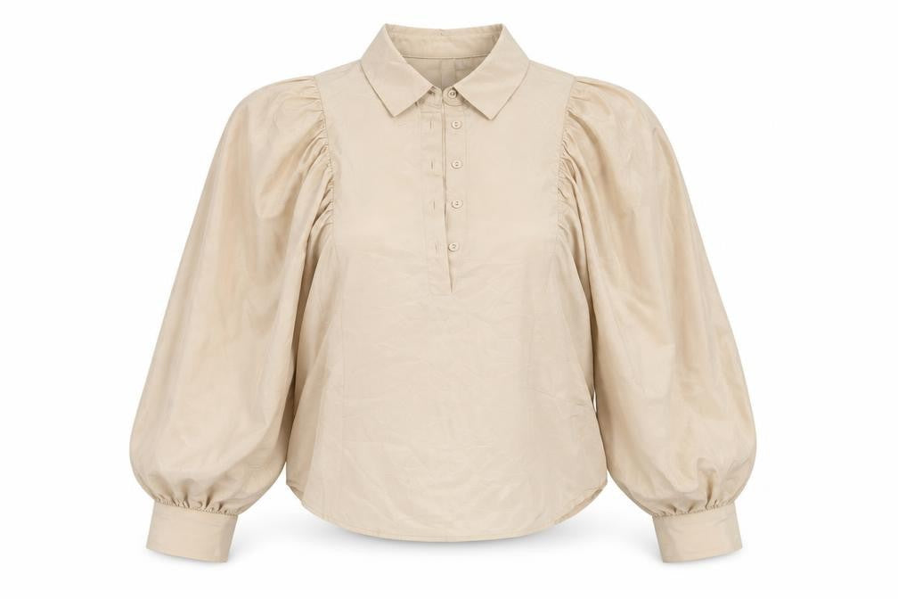Y.A.S Women's Beige Collared Puff Sleeve Blouse S