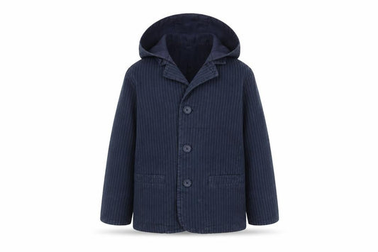 Front view of Jasper Conran boys’ blue pinstripe hooded jacket, 7 years