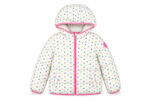 Front view of Gap girls’ multicoloured hooded puffer jacket 5-6 years