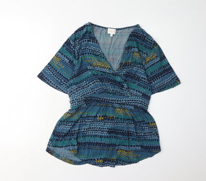 East Women's Blue Geometric Wrap Top Size S