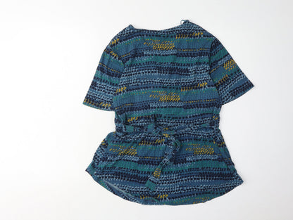 East Women's Blue Geometric Wrap Top Size S