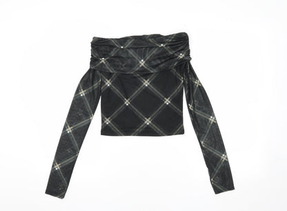 Additional front view of ASOS DESIGN Women's Black Check Cropped Blouse, size S