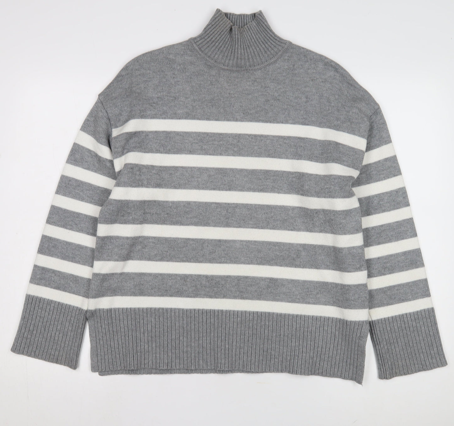 Zara Women's Grey Striped Mock Neck Jumper Size UK 0