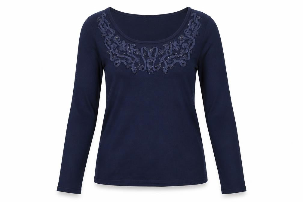 Jacques Vert Women's Embroidered Blue Long Sleeve Top