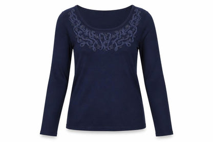 Jacques Vert Women's Embroidered Blue Long Sleeve Top