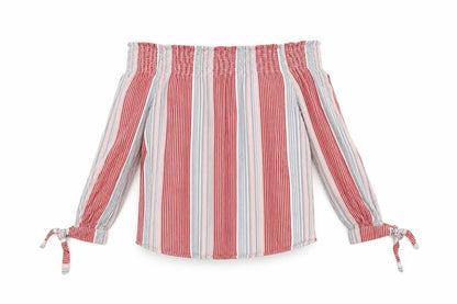 Front view of Nobody's Child Women's Striped Off Shoulder Top